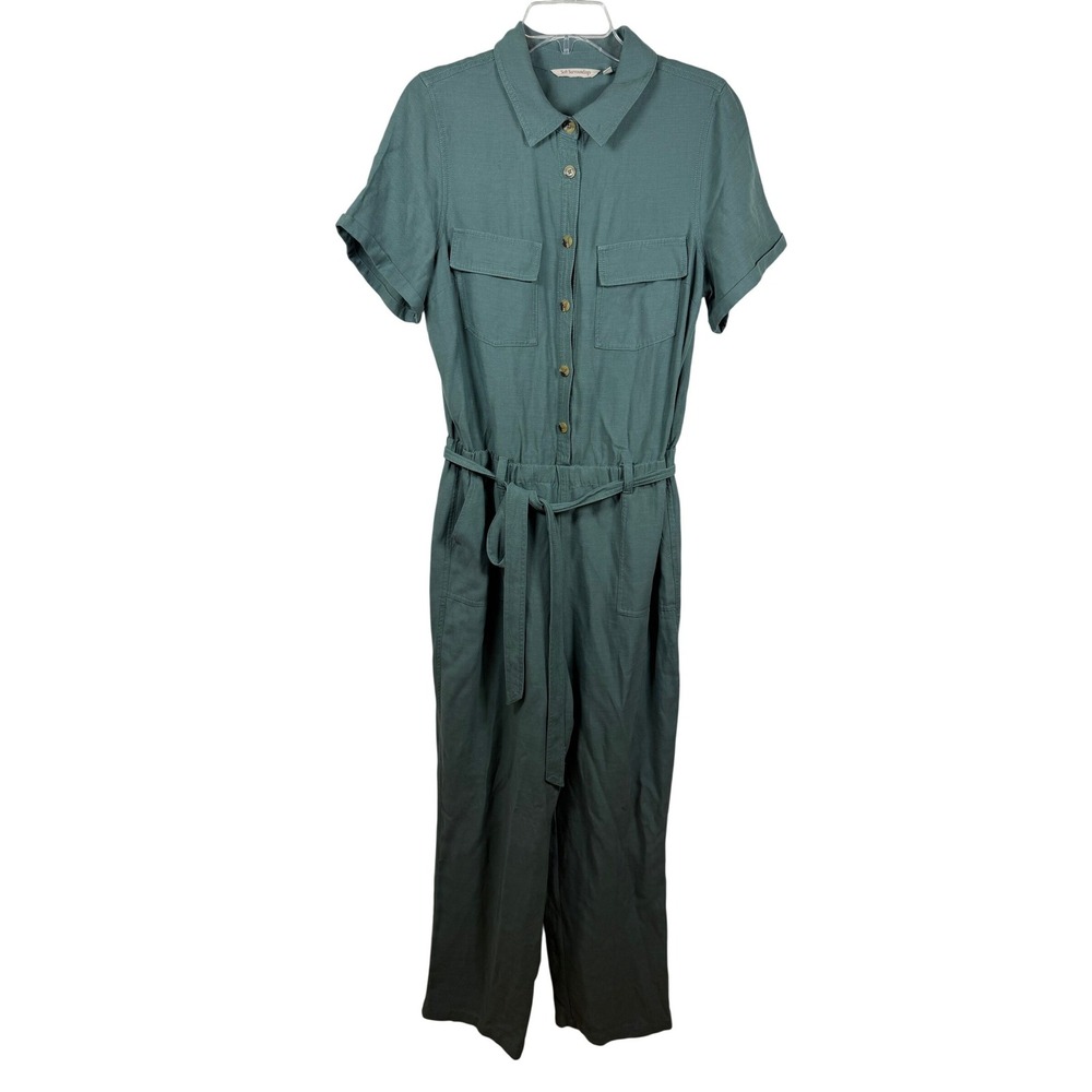 Soft Surroundings Jumpsuit Teal Green Belted Short Sleeve Wide Leg Size 12